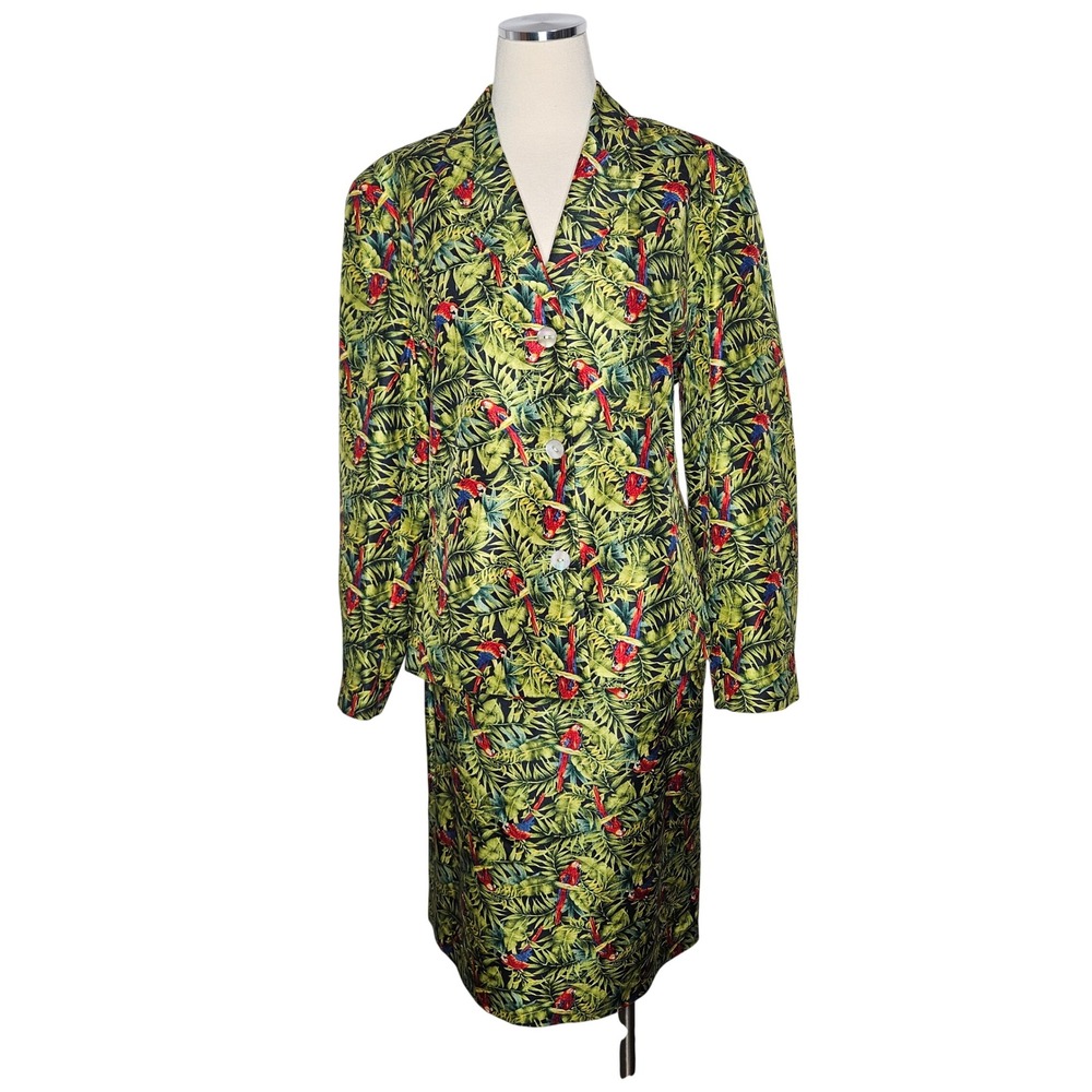 Harvé Benard Silk Skirt Suit Parrot Tropical Print Jacket Pencil Skirt‎ 16 NEW